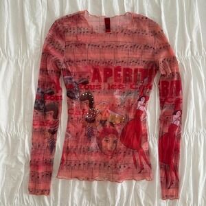 Y2K VINTAGE Just In Time M Music Note French Cafe Graphic Mesh Long Sleeve Top